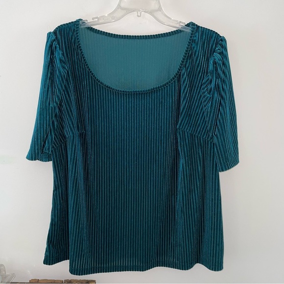 SHEIN Tops - Shein Teal Green Velvet Burnout Stripes Women's Top with Puff Sleeve Size 2X